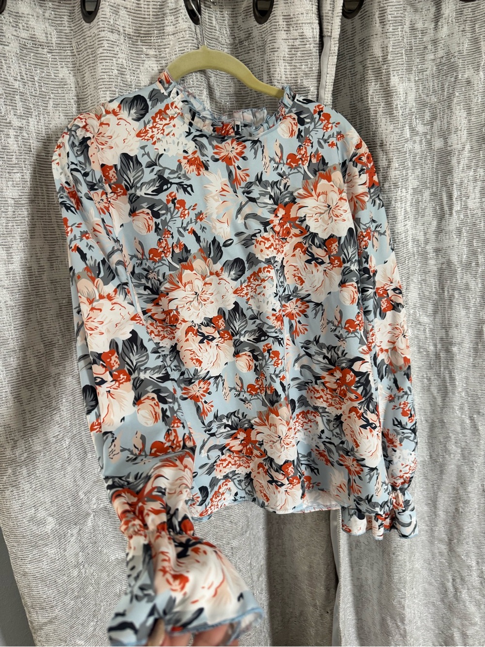 Floral Long-Sleeve Blouse - Light Blue & Coral